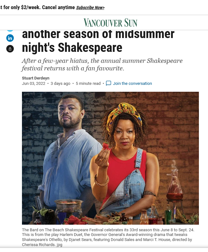 Vancouver Sun Preview of the 2022 Bard on the Beach season